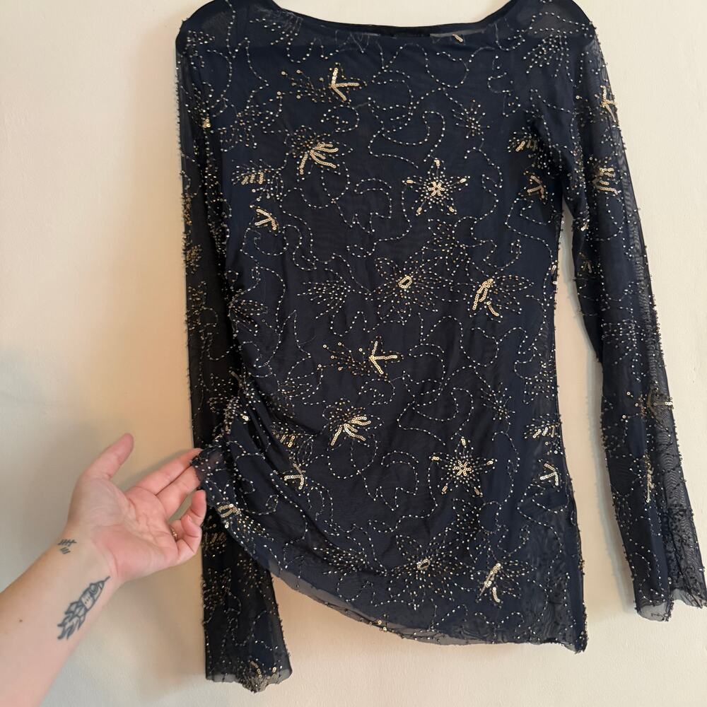 ZARA Navy Blue Sheer Mesh Beaded and Sequined Ruched Asymmetric bell sleeve top